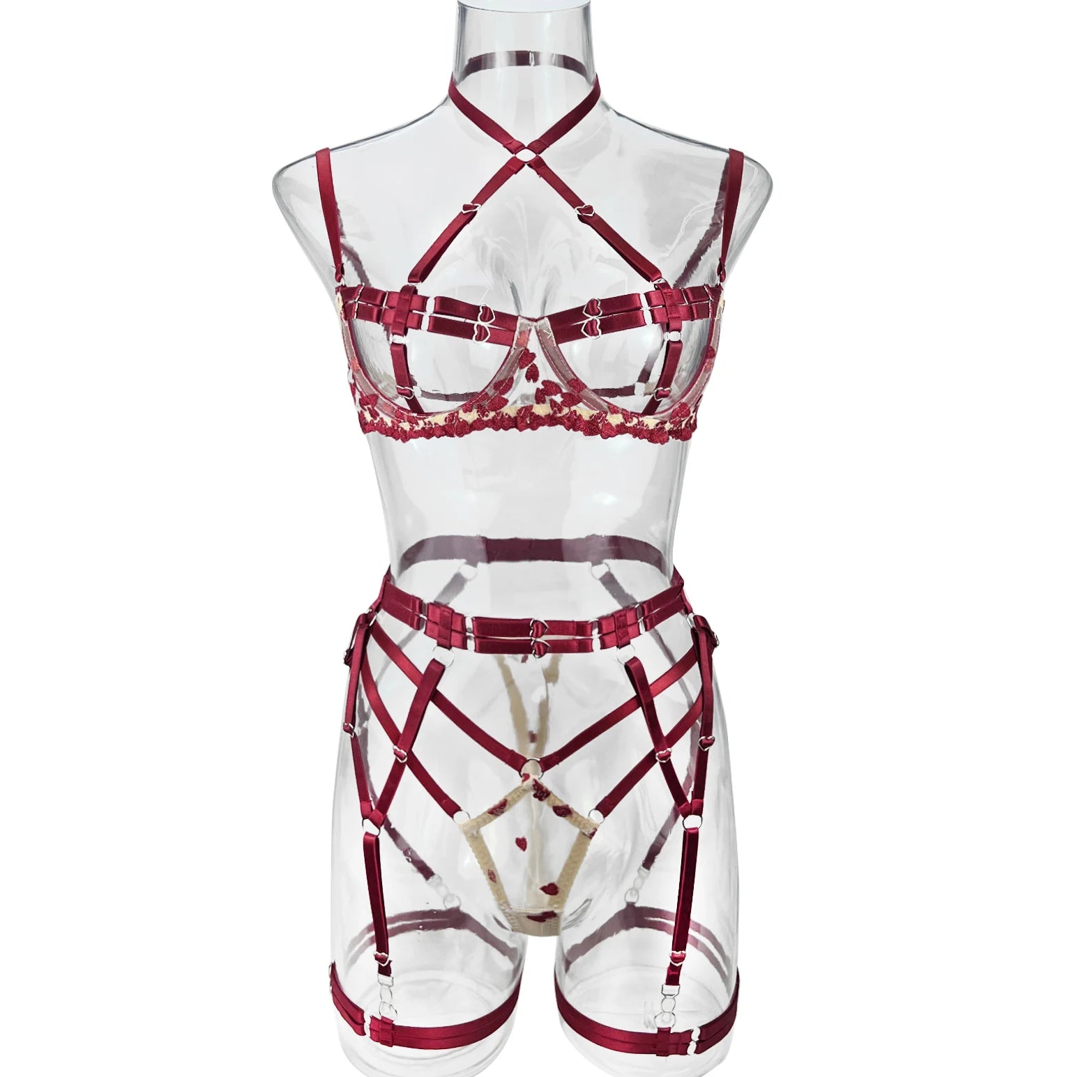 Harness Lingerie – Strappy Pink Embroidered Bra & Garter Set for Rave & Boudoir - Witty Cheeks, Rave Festival Outfit and Sexy Lingerie