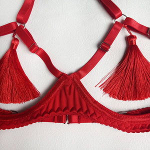 Tease Tamer Tassel Lingerie Set –Crotchless Strappy Open Bra Lingerie Rave, Boudoir & Wild Nights In - Witty Cheeks, Rave Festival Outfit and Sexy Lingerie
