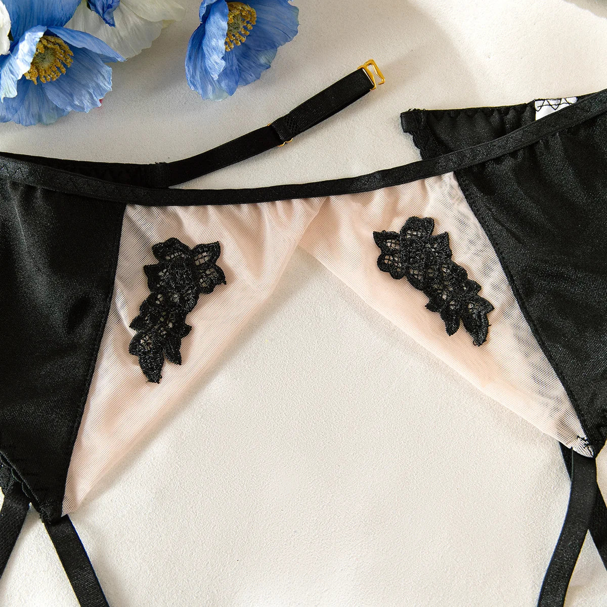 Lace Lingerie Set – 3-Piece Satin & Sheer Garter Outfit with Embroidered Floral Panels - Witty Cheeks, Rave Festival Outfit and Sexy Lingerie