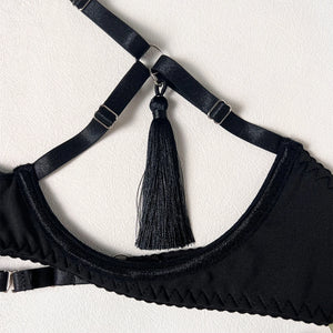 Tease Tamer Tassel Lingerie Set –Crotchless Strappy Open Bra Lingerie Rave, Boudoir & Wild Nights In - Witty Cheeks, Rave Festival Outfit and Sexy Lingerie