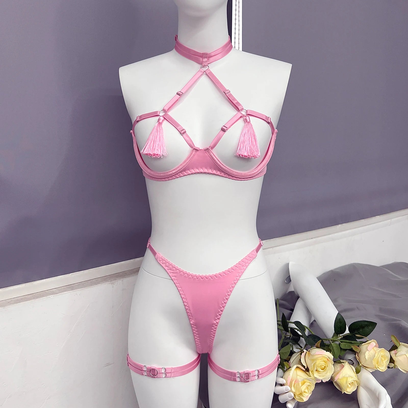 Tease Tamer Tassel Lingerie Set –Crotchless Strappy Open Bra Lingerie Rave, Boudoir & Wild Nights In - Witty Cheeks, Rave Festival Outfit and Sexy Lingerie