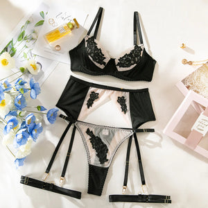 Lace Lingerie Set – 3-Piece Satin & Sheer Garter Outfit with Embroidered Floral Panels - Witty Cheeks, Rave Festival Outfit and Sexy Lingerie