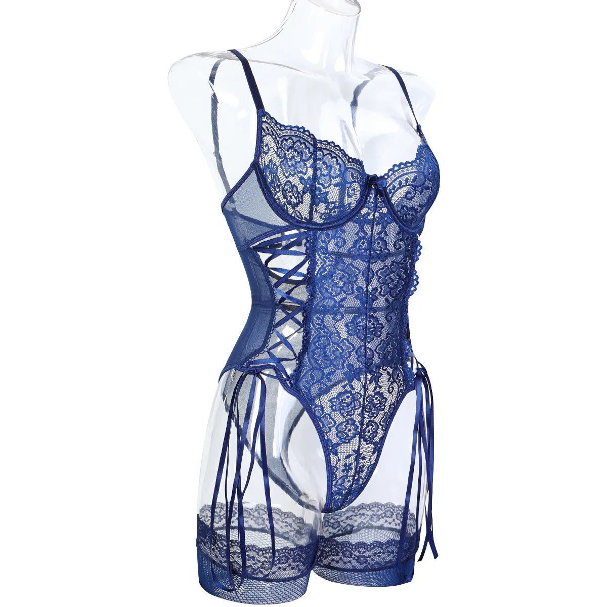 Navy Blue Lace-Up Lingerie Bodysuit with Stockings – Sexy for Bedroom & Boudoir - Witty Cheeks, Rave Festival Outfit and Sexy Lingerie