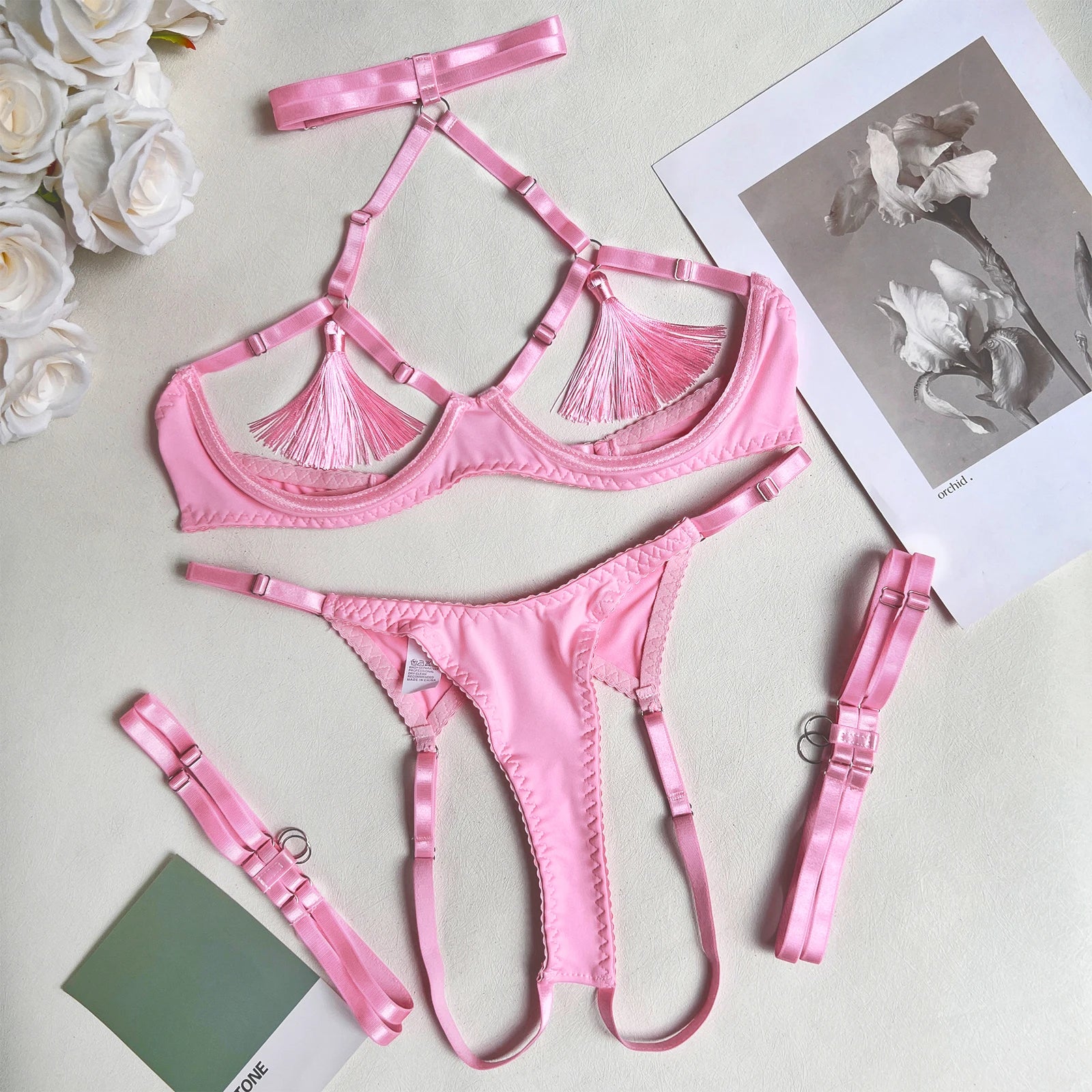 Tease Tamer Tassel Lingerie Set –Crotchless Strappy Open Bra Lingerie Rave, Boudoir & Wild Nights In - Witty Cheeks, Rave Festival Outfit and Sexy Lingerie