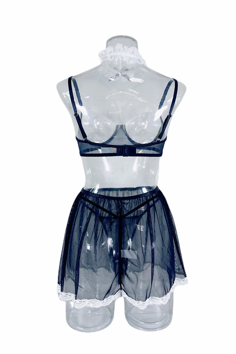 French Maid Costume Lingerie Set- Cosplay Sheer Mesh Roleplay - Witty Cheeks, Rave Festival Outfit and Sexy Lingerie