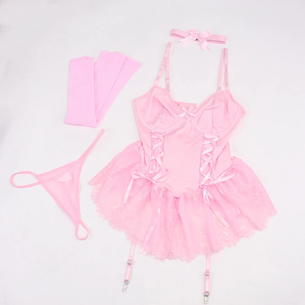 Pink Corset Lingerie Set 5-Piece Lace Dress for Boudoir & Costume - Witty Cheeks, Rave Festival Outfit and Sexy Lingerie