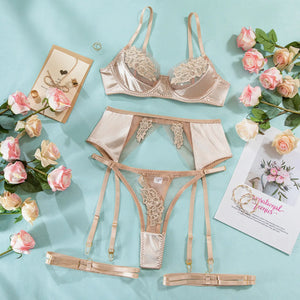 Lace Lingerie Set – 3-Piece Satin & Sheer Garter Outfit with Embroidered Floral Panels - Witty Cheeks, Rave Festival Outfit and Sexy Lingerie