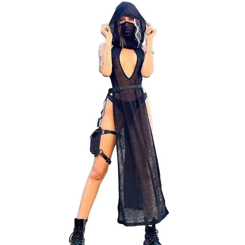 Gothic Hooded Dress Rave Festival outfit steampunk