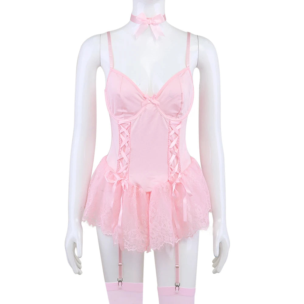 Pink Corset Lingerie Set 5-Piece Lace Dress for Boudoir & Costume - Witty Cheeks, Rave Festival Outfit and Sexy Lingerie