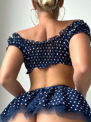Polka Dot Lingerie Set – 5-Piece Off-Shoulder Top, Skirt, Thong & Stockings, Romantic & Exotic Intimate Gift - Witty Cheeks, Rave Festival Outfit and Sexy Lingerie