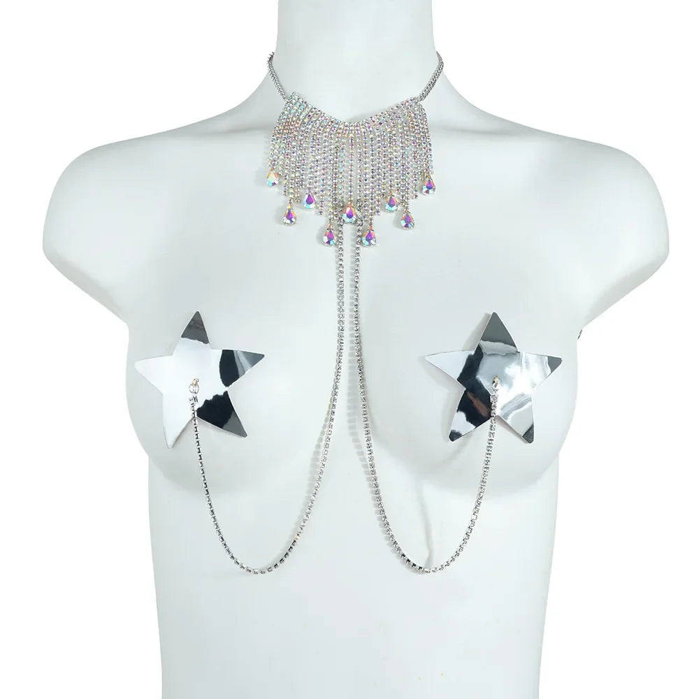 Cosmic Crystal Star nipple cover Pasties with Tassel Choker Chain - Witty Cheeks, Rave Festival Outfit and Sexy Lingerie