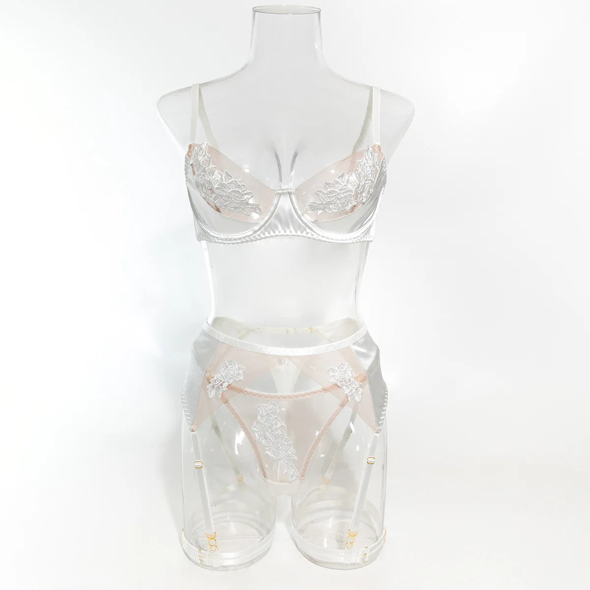Lace Lingerie Set – 3-Piece Satin & Sheer Garter Outfit with Embroidered Floral Panels - Witty Cheeks, Rave Festival Outfit and Sexy Lingerie