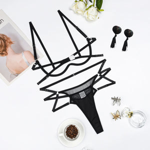 Open Cup Mesh Lingerie Set – 3-Piece with Pasties, Thong & Strappy Bra - Witty Cheeks, Rave Festival Outfit and Sexy Lingerie