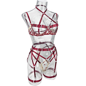 Harness Lingerie – Strappy Pink Embroidered Bra & Garter Set for Rave & Boudoir - Witty Cheeks, Rave Festival Outfit and Sexy Lingerie