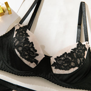 Lace Lingerie Set – 3-Piece Satin & Sheer Garter Outfit with Embroidered Floral Panels - Witty Cheeks, Rave Festival Outfit and Sexy Lingerie
