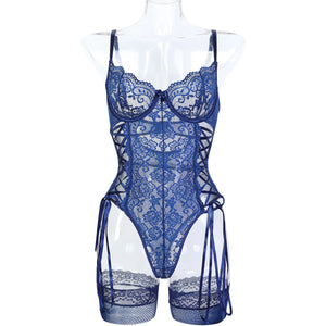 Navy Blue Lace-Up Lingerie Bodysuit with Stockings – Sexy for Bedroom & Boudoir - Witty Cheeks, Rave Festival Outfit and Sexy Lingerie