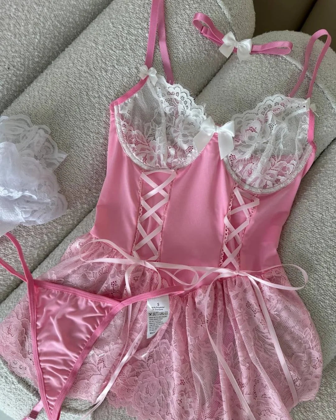 Pink Lace Corset Lingerie Dress Set with Stockings – Coquette-Inspired Babydoll - Witty Cheeks, Rave Festival Outfit and Sexy Lingerie