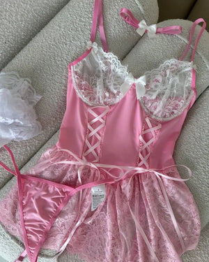Pink Lace Corset Lingerie Dress Set with Stockings – Coquette-Inspired Babydoll - Witty Cheeks, Rave Festival Outfit and Sexy Lingerie
