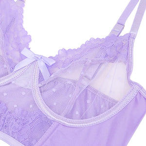 Lavender Lace Lingerie Set – Sheer Bra & Skirted Garter Set for Boudoir, Raves - Witty Cheeks, Rave Festival Outfit and Sexy Lingerie