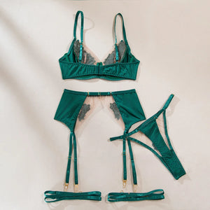 Lace Lingerie Set – 3-Piece Satin & Sheer Garter Outfit with Embroidered Floral Panels - Witty Cheeks, Rave Festival Outfit and Sexy Lingerie