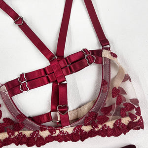 Harness Lingerie – Strappy Pink Embroidered Bra & Garter Set for Rave & Boudoir - Witty Cheeks, Rave Festival Outfit and Sexy Lingerie