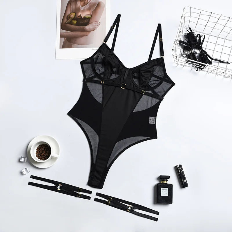 After Dark Mesh Bodysuit – Black Strappy Sheer Lingerie for Rave, Boudoir & Bold Nights - Witty Cheeks, Rave Festival Outfit and Sexy Lingerie