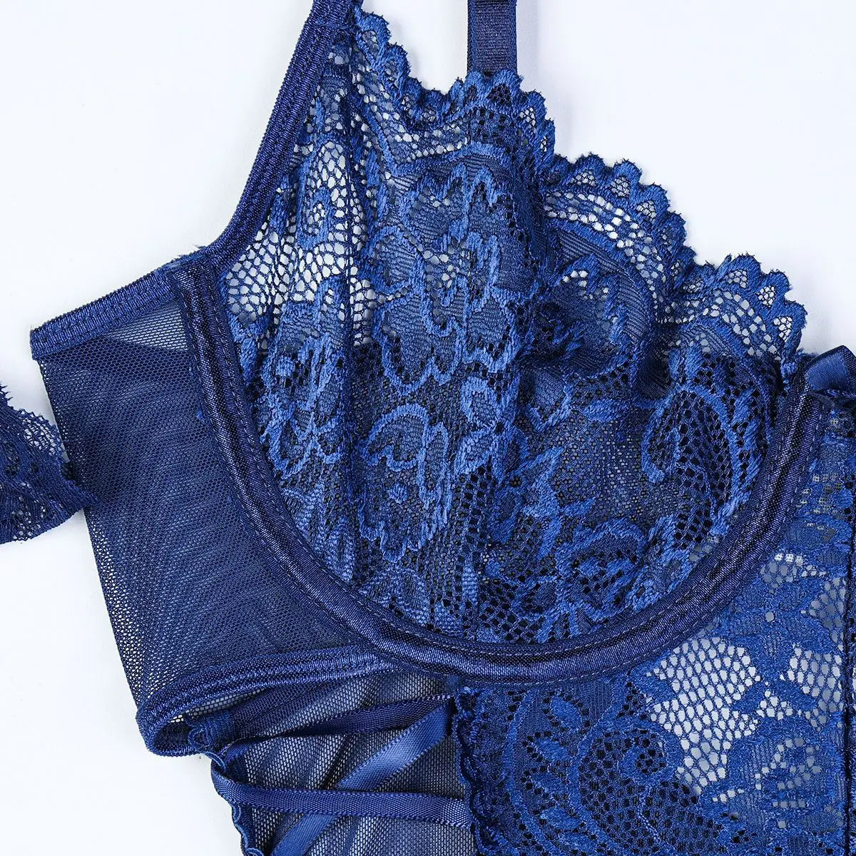 Navy Blue Lace-Up Lingerie Bodysuit with Stockings – Sexy for Bedroom & Boudoir - Witty Cheeks, Rave Festival Outfit and Sexy Lingerie