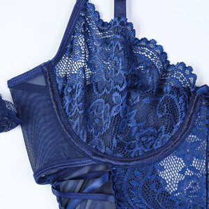 Navy Blue Lace-Up Lingerie Bodysuit with Stockings – Sexy for Bedroom & Boudoir - Witty Cheeks, Rave Festival Outfit and Sexy Lingerie