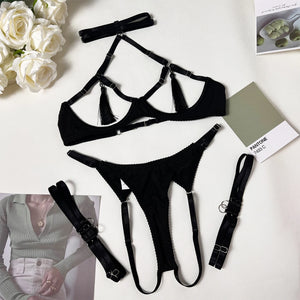 Tease Tamer Tassel Lingerie Set –Crotchless Strappy Open Bra Lingerie Rave, Boudoir & Wild Nights In - Witty Cheeks, Rave Festival Outfit and Sexy Lingerie